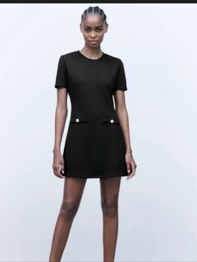 Zara Black Short Sleeve Shift Dress with Gold Buttons, Size Small
